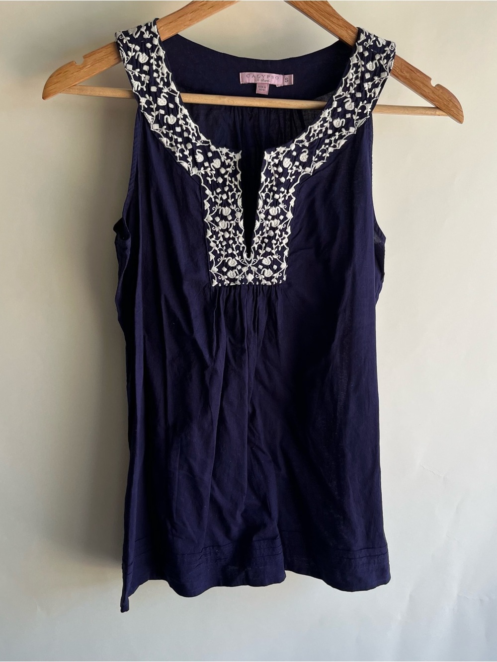 Calypso St Barth Embroidered Blouse Sz Sm Women’s Navy Blue White Yoke EUC
